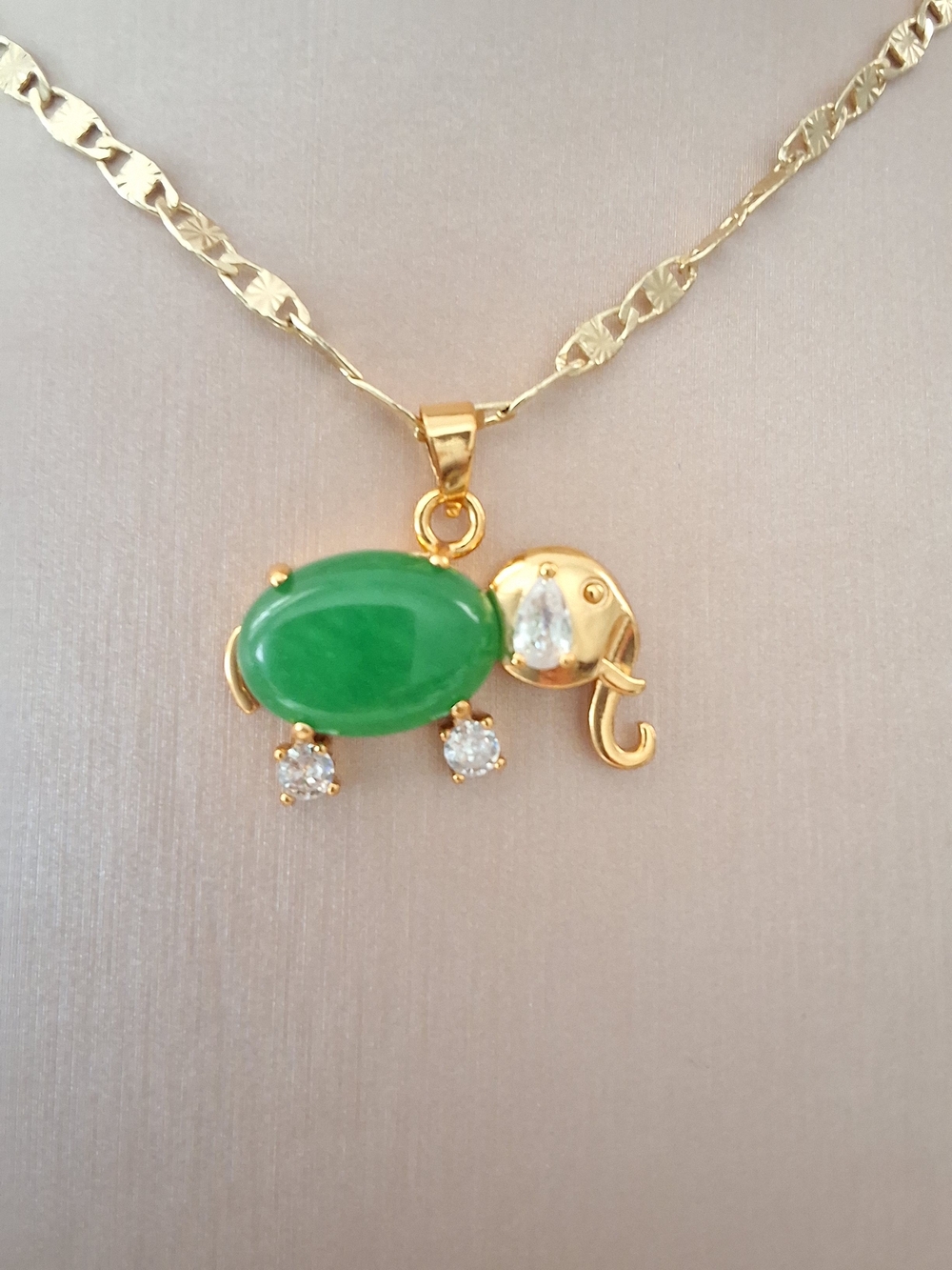 Gold Elephant Pendant Necklace with Green Jade